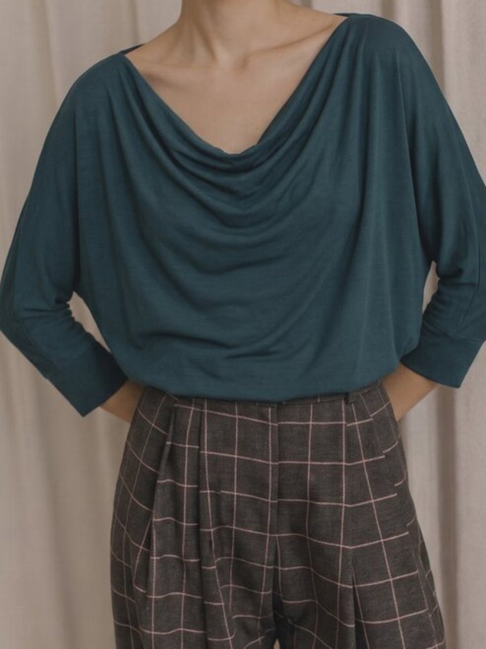 Eileen Fisher Teal Drape Neck 3/4 Sleeve Knit Top Made in USA XS–M